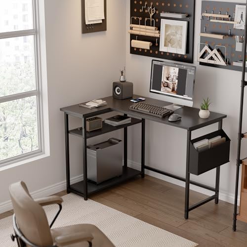 Pamray 40 Inch L Shaped Computer Desk with Reversible Side Storage Shelves, Small Corner Desk for Small Space Home Office, Writing Study Table PC Desk for Bedroom, Black - Image 2