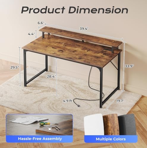 PRAISUN 40 inch Gaming Desk, LED & Outlets, Monitor Stand, Rustic Brown - Image 3