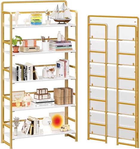 4NM No Assembly Extra Wide 5 Tier Folding Bookshelf Tall Storage Shelves Vintage Bookcase Standing Racks Study Organizer Home Office by 4NM