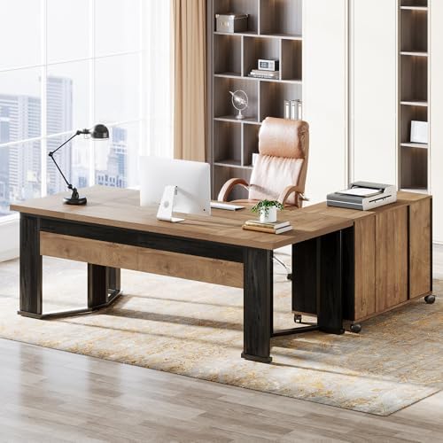 Tribesigns 70.86" Executive Desk with Mobile File Cabinet, Large L Shaped Computer Office Desk with 2 Drawers and Storage Shelves, Business Furniture Desk Workstation for Home Office (Light Brown) - Image 5