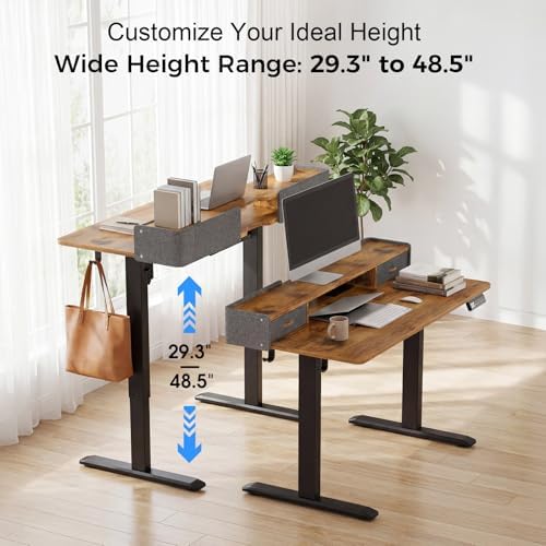 Electric Standing Desk with Drawers, 63 Inch Height Adjustable Desk with Power Outlets & LED Lights, Sit Stand Table with Monitor Stand for Home, Office, Brown - Image 3