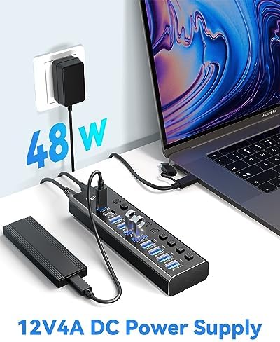 Powered USB Hub 3.2, LEINSIS 10-Port USB 3.2/USB C Hub (10Gbps USB-A 3.2 +2 USB-C 3.2 +7 USB 3.0 Ports) with Individual On/Off Switches and 12V Power Adapter, Aluminum USB Hub Powered for Laptop PC - Image 4