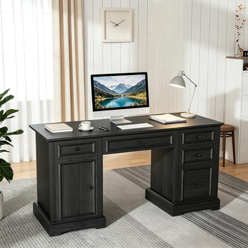 Vipbear 60" Farmhouse Executive Desk with Drawers and Cabinet, Embossed Texture Wood Home Office Desk, Rustic Computer Writing Desk, Workspace for Work Study Writing (Black) by VipbearLiving