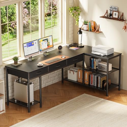 PRAISUN 63 Inch L Shaped Office Desk with Power Outlets and Type-C Port, Large Computer Gaming Desk with 3 Fabric Drawers, Mesh Shelves, Corner Study Work Writing Desk, Black - Image 2