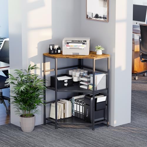 EasyCom Corner Printer Stand with Charging Station, Adjustable Height Storage Shelf for CPU Shredder, Triangle Corner Table for Small Space Office Living Room-Rustic Brown - Image 6