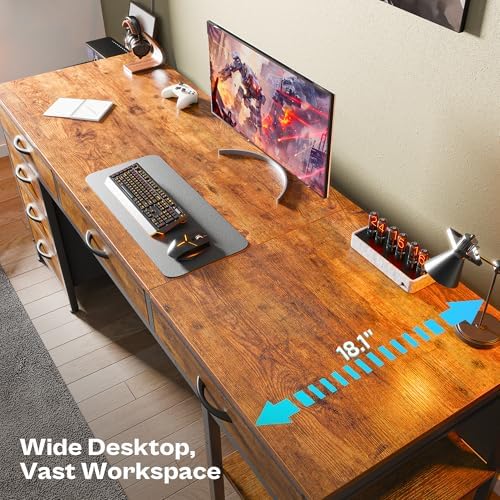 Huuger Computer Desk with 6 Drawers, Office Desk with Shelves, Reversible Gaming Desk, Large Corner Desk with Storage, Work for Home Office, Study, Living Room, 63inch, Rustic Brown - Image 4
