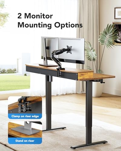 HUANUO 55″ x 26″ Electric Standing Desk with 2 Drawers, C-Clamp Mount Compatible, Height Adjustable Computer Desk, Home Office Stand Up Desk with 4 Preset Heights & 2 Hooks, Vintage Brown - Image 3