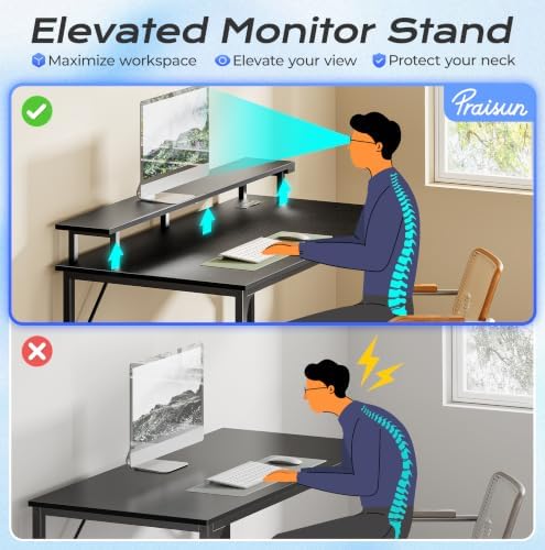 PRAISUN 40 inch Gaming Desk, LED & Power Outlets, Monitor Stand, Black - Image 7