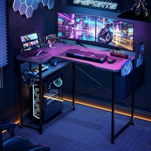 Acrolix L Shaped Gaming Desk 48 Inch - Computer Corner Desk with Power Outlets, Reversible Shelves & Storage Bag for Home Office, PC Gaming Table, Black Carbon - Image 2