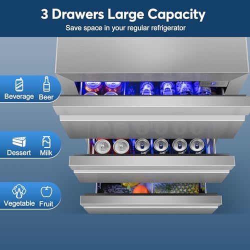24" Stainless Steel Undercounter Beverage Fridge, 3-Drawer with Wheels - Image 3