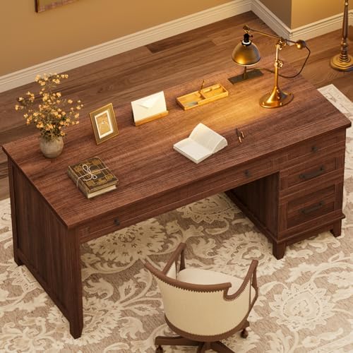 GarveeHome Executive Desk with Drawers, Farmhouse Home Office Desk with Charging Station, 53.54 in Wooden Computer Desk with File Cabinet Storage for Work Study Writing,Walunt Brown - Image 5