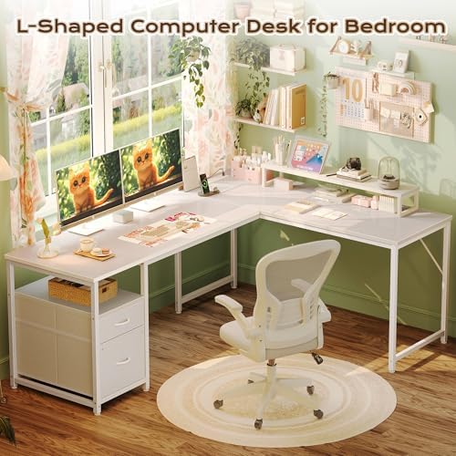PRAISUN 63 Inch L Shaped Desk with Power Outlets and USB-C Port, Computer Corner Home Office Desk with File Fabric Drawers and Movable Monitor Stand, Larger Storage, Gaming, Writing, Work, White - Image 3