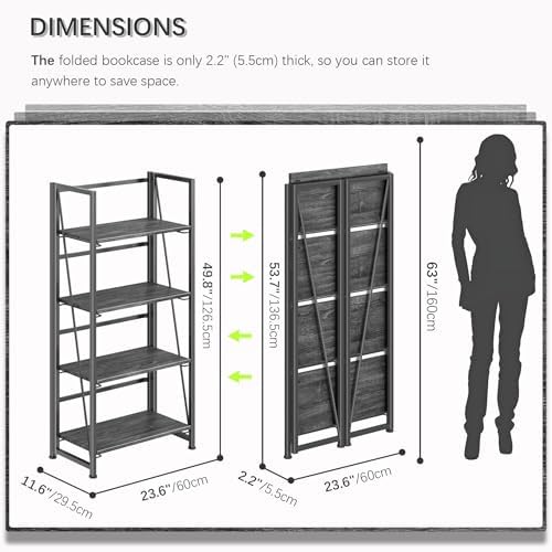4NM No Assembly Folding Bookshelf Storage Shelves 4 Tier Vintage Bookcase Standing Racks Study Organizer Home Office - Image 2