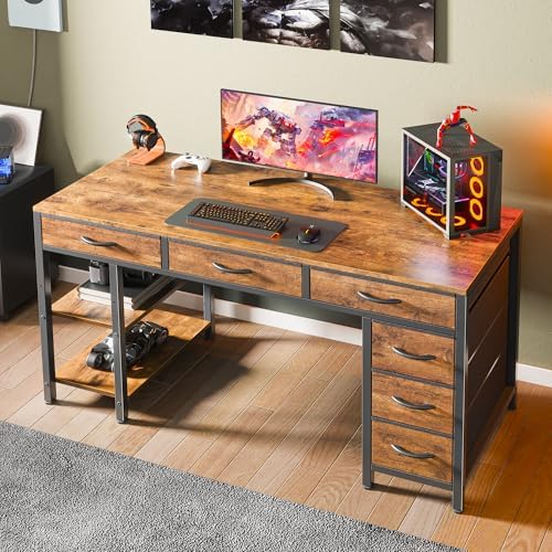 Huuger Computer Desk with 6 Drawers, Office Desk with Shelves, Reversible Gaming Desk, Corner Desk with Storage, Work for Home Office, Study, Living Room, 47inch, Rustic Brown - Image 7