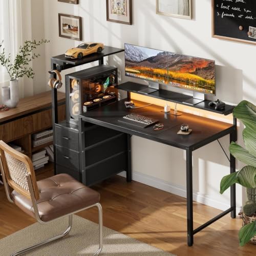 HLDIRECT 60 Inch Gaming Desk with Power Outlets & LED Lights, Black - Image 2