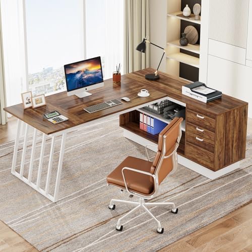 Tribesigns 71-Inch Executive Desk, L-Shaped Desk with Cabinet, Large Office Desk with Drawers and Storage Shelves, Writing Table Computer Desk for Home Office, Brown and White - Image 4