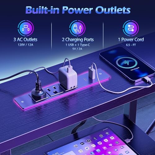 Korfile 49 Inch L Shaped Gaming Desk with Power Outlets, Black - Image 4