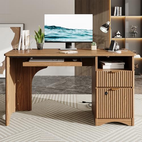 Bestier 55" Office Desk with Locking File Drawer & Charging, Brown - Image 2