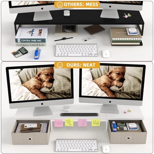 39 Inch Dual Monitor Stand Riser with 2 Drawers - Large White Wooden Computer Stand for 2 Monitors, Ergonomic Desk Organizer with Phone Holder, Desktop Storage for Laptop, Office Supplies, Home Office - Image 4