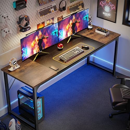 Huuger Computer Desk, 70 Inch Office Desk, Gaming Desk with Storage, Writing Desk Work Desk for Home Office, Study, Long Simple Desk, Large Legroom, Metal Frame, Rustic Brown and Black - Image 4