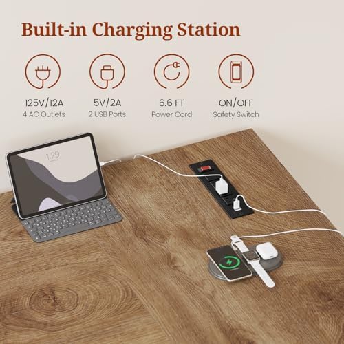 UPOSOJA 63 in Executive Desk with Power Outlets, Modern Home Office Desk with Storage Cabinet, Wood Computer Desk Business Workstation Desk Conference Table (Oak) - Image 5