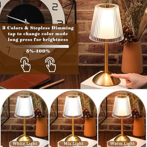 Liliful 2 Pcs Cordless Table Lamp LED Touch, Gold, Hollow Lined Style - Image 4