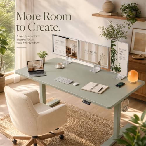 Grandder 55x32 Extra-Deep Electric Standing Desk, Wide Desktop Fits 49" Ultrawide Monitor Dual Screens, 176lbs Capacity, 2 Memory Presets, Anti Collision, Computer Desk for Home Office&Gaming, Green - Image 2