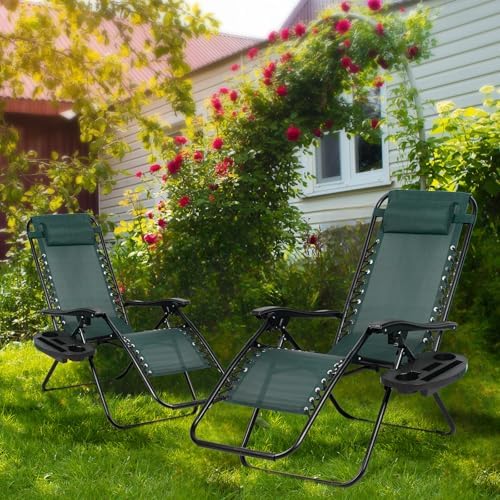 Nazhura Set of 2 Relaxing Recliners Patio Chairs Adjustable Steel Mesh Zero Gravity Lounge Chair Beach Chairs with Pillow and Cup Holder (Dark Green) - Image 2