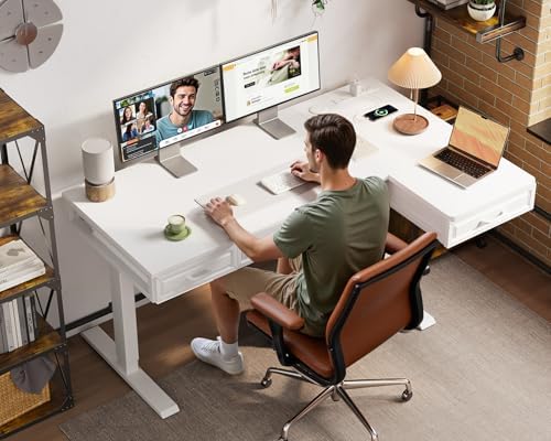 OffiGo 55 Inch L Shaped Standing Desk with 4 Wooden Drawers, White - Image 2