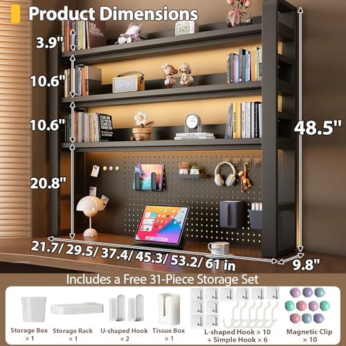 Desk Shelf - Includes a Pegboard and a Free 31-Piece Storage Accessory Set, Desk Hutch, Adjustable Hutch for Home Office Dorm (4-Tier Black Frame + Black Board 61×9.8×48.5") - Image 2
