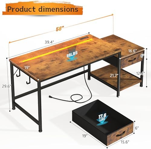 DurayLoly 56"Computer Desk with Printer Shelf,Drawer & Hook for Home Office - Image 2