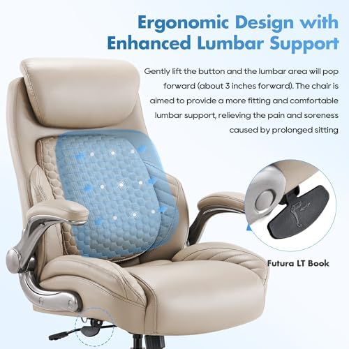 COLAMY Office Ergonomic Desk High Back Executive Chair with Pop-Out Lumbar Support, Upgraded Casters, Adjustable Headrest, Flip-Up Arms, Leather Home with Thick Cushion for Comfort - Khaki - Image 5