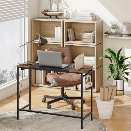 HOOBRO Computer Desk, 39.3 Inch Small Desk with Power Outlet, Writing Table with USB Charging Ports and 3 Hooks for Home Office, Study Room, Bedroom, Easy to Assemble, Rustic Brown and Black BF41UDN01 - Image 4