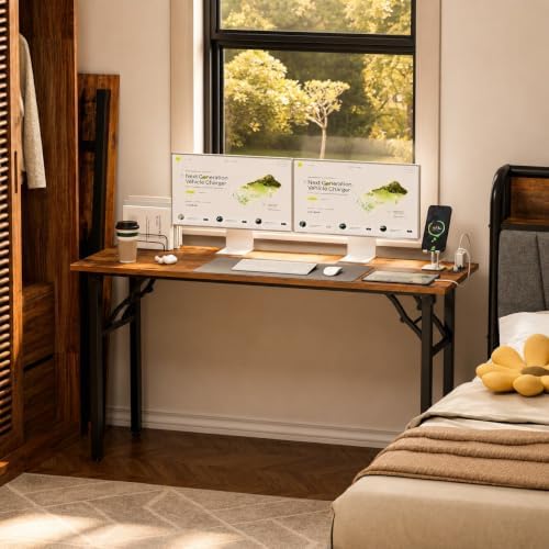 Folding Table Computer Desk - 55.1" No Assembly Folding Desk with Power Outlets & USB Charging Port, Small Desk, Foldable Office Desk, Compact Storage Portable Use for Small Space, Rustic Brown - Image 2