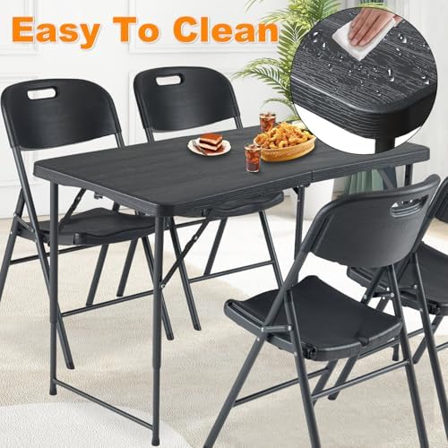 4ft Folding Table, Portable Fold-in-Half Adjustable Height Utility Table for Indoor/Outdoor Use, Durable HDPE & Steel, Stable & Lightweight, Multi-Purpose, Black Woodgrain - Image 5