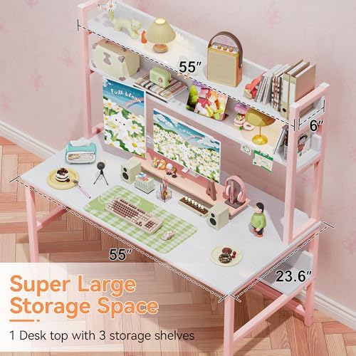 Aquzee Pink Desk with Shelves, Computer Desk with Hutch, 55 Inch - Image 4