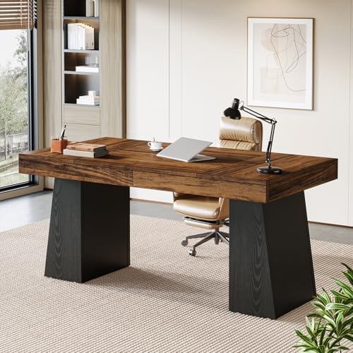 Tribesigns 55-Inch Executive Desk, Large Wood Office Computer Desk with Double Pedestal, Modern Minimalist Workstations Writing Table Conference Table Furniture for Home Office, Walnut&Black by Tribesigns