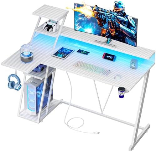 Korfile 47 Inch White Gaming Desk with LED Lights & Power Outlet, L Shaped Gaming Table with Storage Shelves, Gamer Workstations with Monitor Stand for Bedroom by Korfile