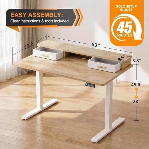 Grandder Electric Standing Desk with Two Drawers, Sit to Stand Up Height Adjustable Desk with Storage Shelf for Home Office, 63 * 24 Inch, Study, Ergonomic Adjustable Computer Desk, Oak - Image 3