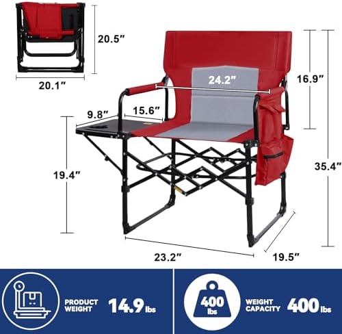 Romswi 2Pack Director Chairs for Outdoor, Folding Camping Chair, Compact Directors Chair Side Table and Side Bag, Heavy Duty Oversize Chair for Beach Fishing Picnic, Holds up to 400 lbs Red - Image 3