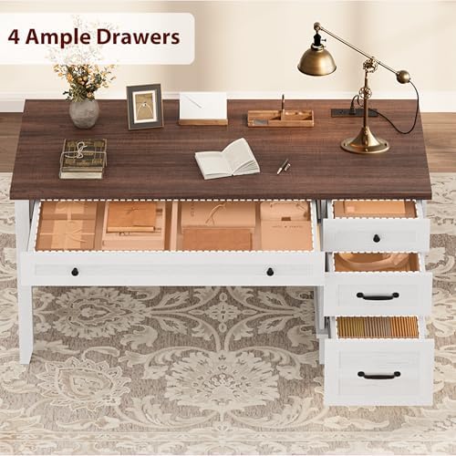 53.54" Executive Desk with Drawers, Farmhouse Home Office Desk with Charging Station & File Cabinet, 4 Storage Drawers Computer Desk with Power Outlet for Work Study Writing, White Walunt - Image 5