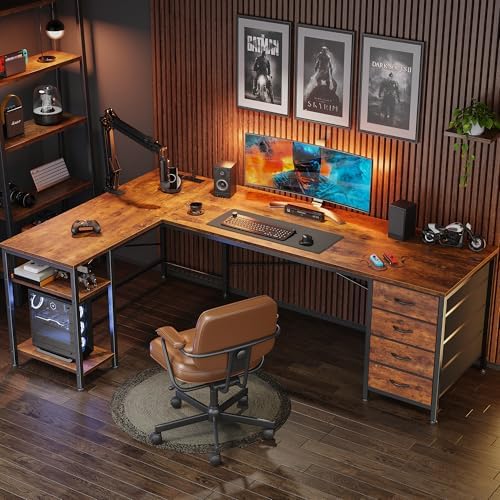 Huuger 63 Inch L Shaped Desk with Fabric Drawers, Computer Office Desk with Power Outlets and USB-C Port, Corner Desk with Storage Shelves, Work Study Home Office, Reversible, Rustic Brown - Image 4