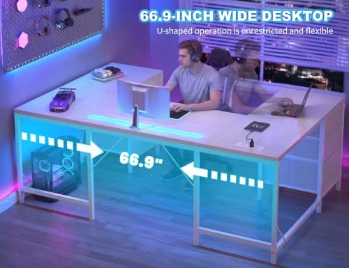 DurayLoly 67" Large Gaming Desk with Power Outlets for Bedroom,White - Image 4