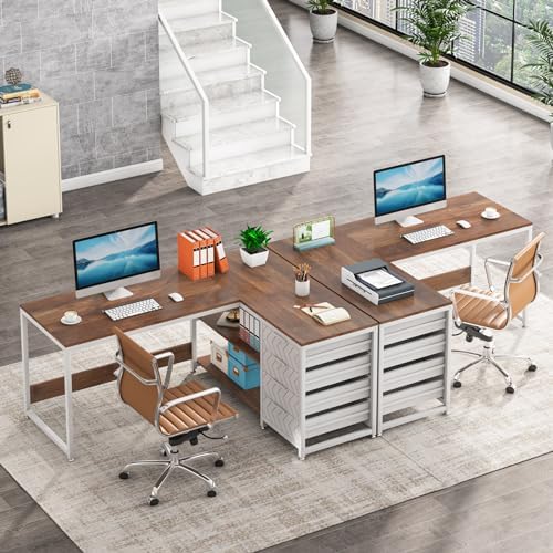 Tribesigns L Shaped Computer Desk with Storage Drawers, 59 inch Corner Desk with Shelves, Reversible L-Shaped Office Desk Study Writing Table Workstation for Home Office, Walnut & White - Image 4