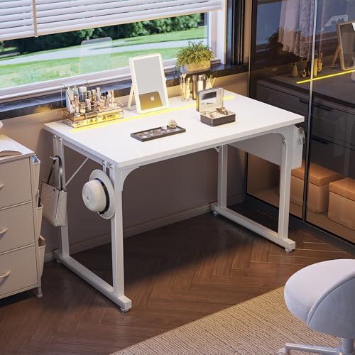 DurayLoly 40" Gaming Desk with Waterproof LED Lights for Bedroom,White - Image 4