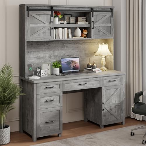 Vabches Farmhouse 67" H Executive Desk with Hutch & 5 Drawers,Grey by Vabches