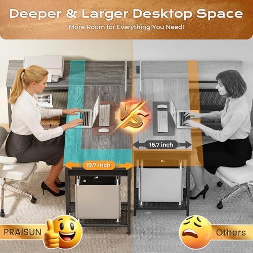 PRAISUN 63 Inch L Shaped Office Desk with Power Outlets and Type-C Port, Large Computer Gaming Desk with 3 Fabric Drawers, Mesh Shelves, Corner Study Work Writing Desk, Grey - Image 6