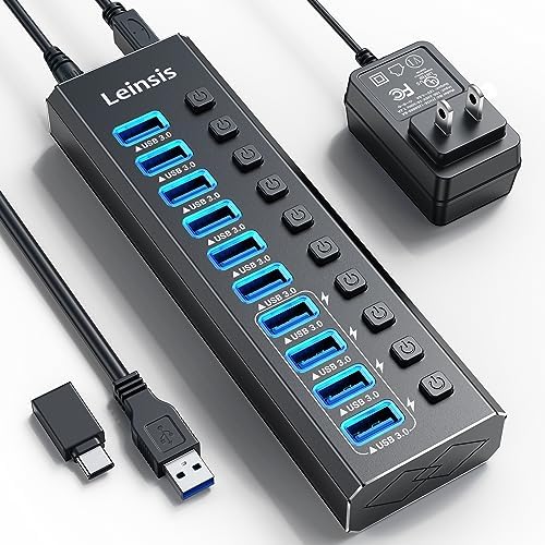Powered USB Hub 3.0, Leinsis 10-Port USB 3.0 Hub [Durable Aluminum] 10 Data Transfer Ports+ 4 Smart Charging Ports with Individual On/Off Switches, USB Hub 3.0 Powered with Power Adapter for Laptop PC by LEINSIS