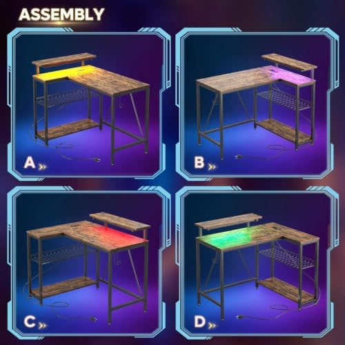 Bestier 42-Inch L-Shaped Gaming Desk with Charging & LED, Rustic Brown - Image 3