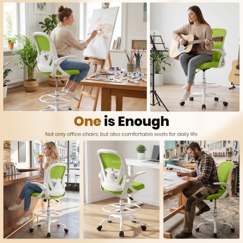 Primy Drafting Chair Tall Office Chair with Flip-up Armrests Executive Ergonomic Computer Standing Desk Chair with Lumbar Support and Adjustable Footrest Ring (Green) - Image 5